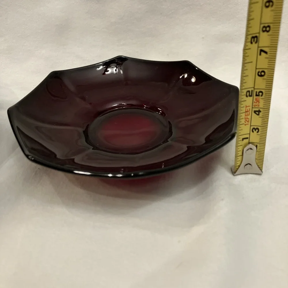 Vintage Ruby Red Glass Saucers Dessert Bowls Scallop Top Edge Lot of 3